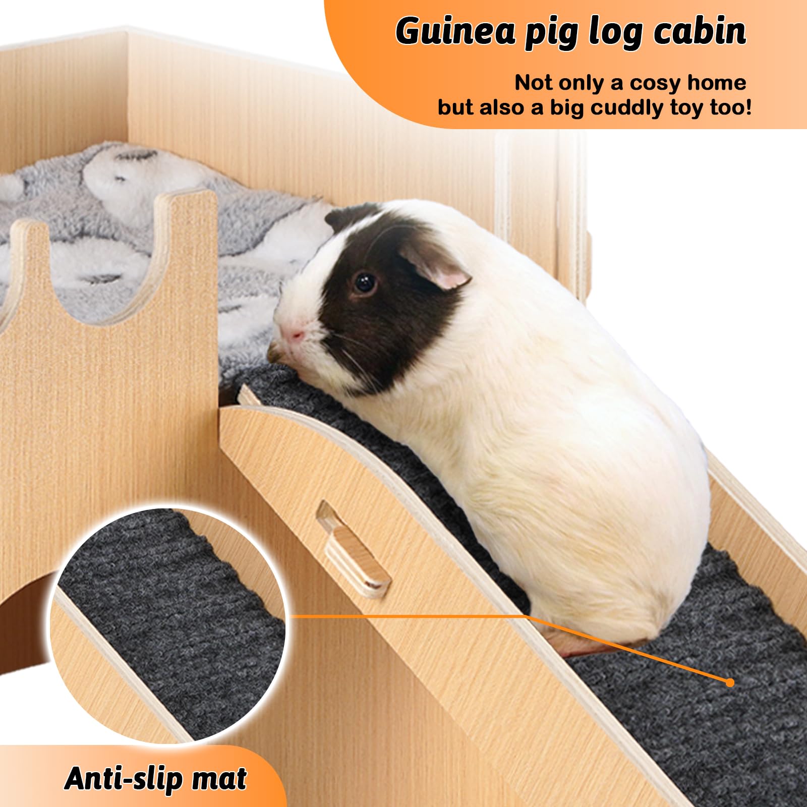 Großes Meerschweinchen-Schloss Aus Holz – 2-stöckig Mit Rampe, 4 Türen, 37,8x24,9x18,3 Cm