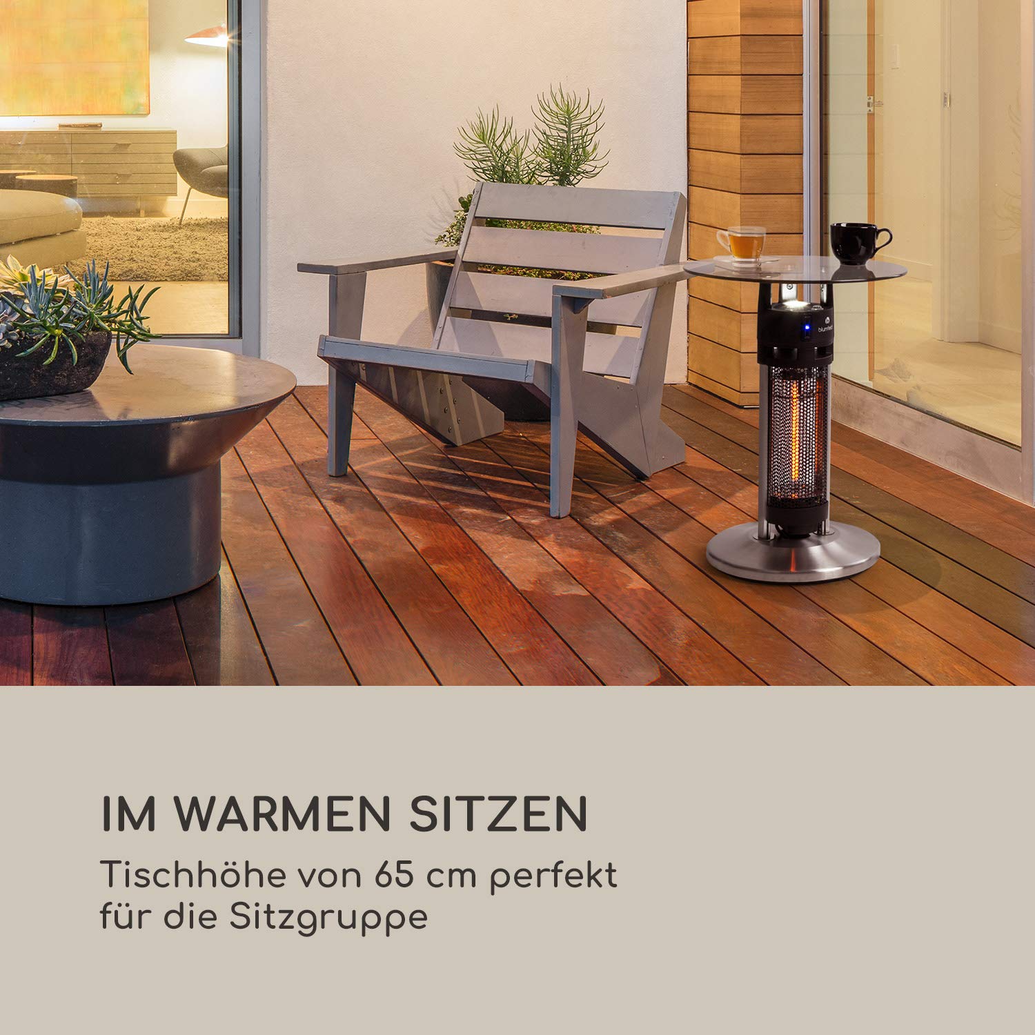 blumfeldt Primal Heat - Standheizstrahler, Stehtisch-IR-Heizer, Infrarotheizung, Stand Heizstrahler, Infrarotstrahler mit 1600 Watt, Infrarot-Annäherungssensoren, Höhe: 65 cm, Silber