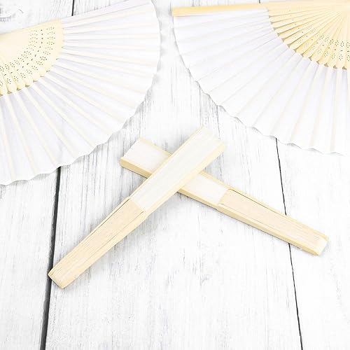 Miniatura 5 de URATOT 36 ventiladores plegables blancos de seda de bambú plegables ventiladores de mano para bodas, decoración de fiestas