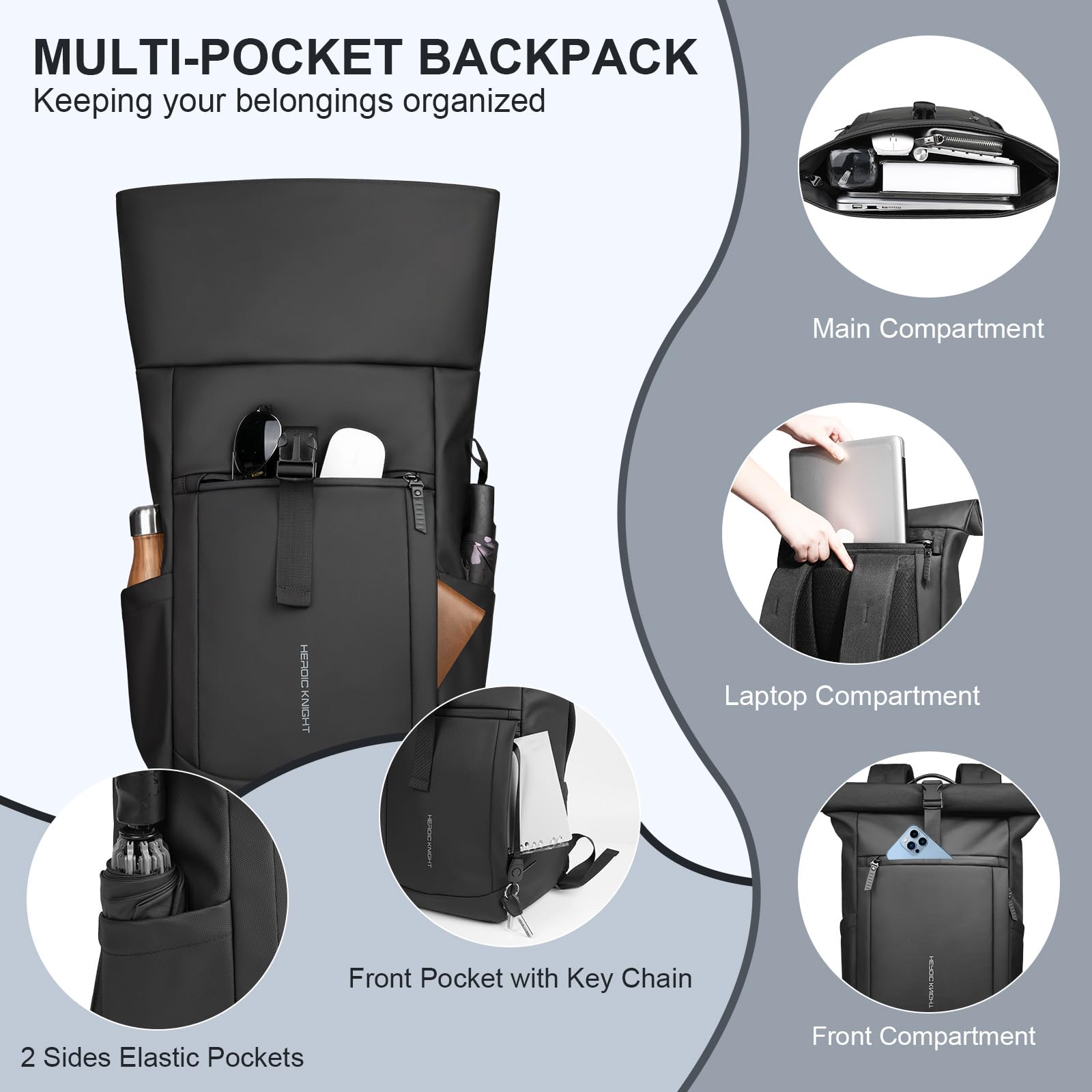 hk Sac à Dos Rolltop Imperméable Sac à Dos Ordinateur Portable 16 Pouces | Sac à Dos Extensible 27L Grande Capacité avec Compartiment Accès Rapide pour Travail Voyage Université Cyclisme Camping