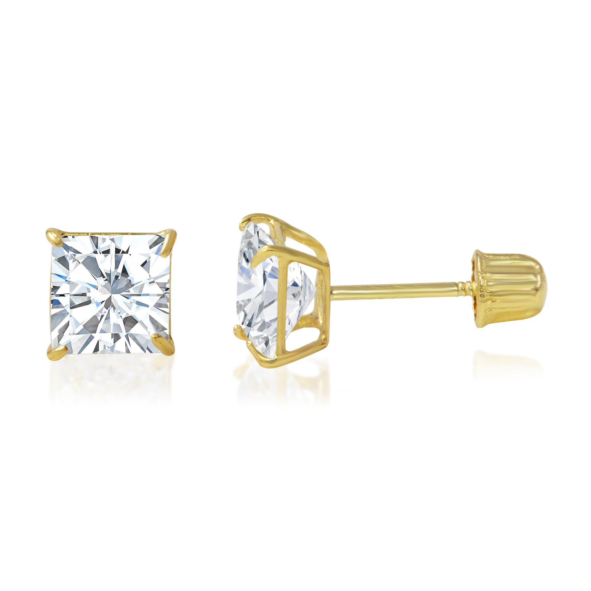 14K Solid Gold Princess Cut Cubic Zirconia Stud Earrings with Secure Screw Backs | AAA CZ Square Solitaire Sparkle for Men &amp; Women | Yellow or White Gold (2mm-7mm, 0.1-1.75ct)