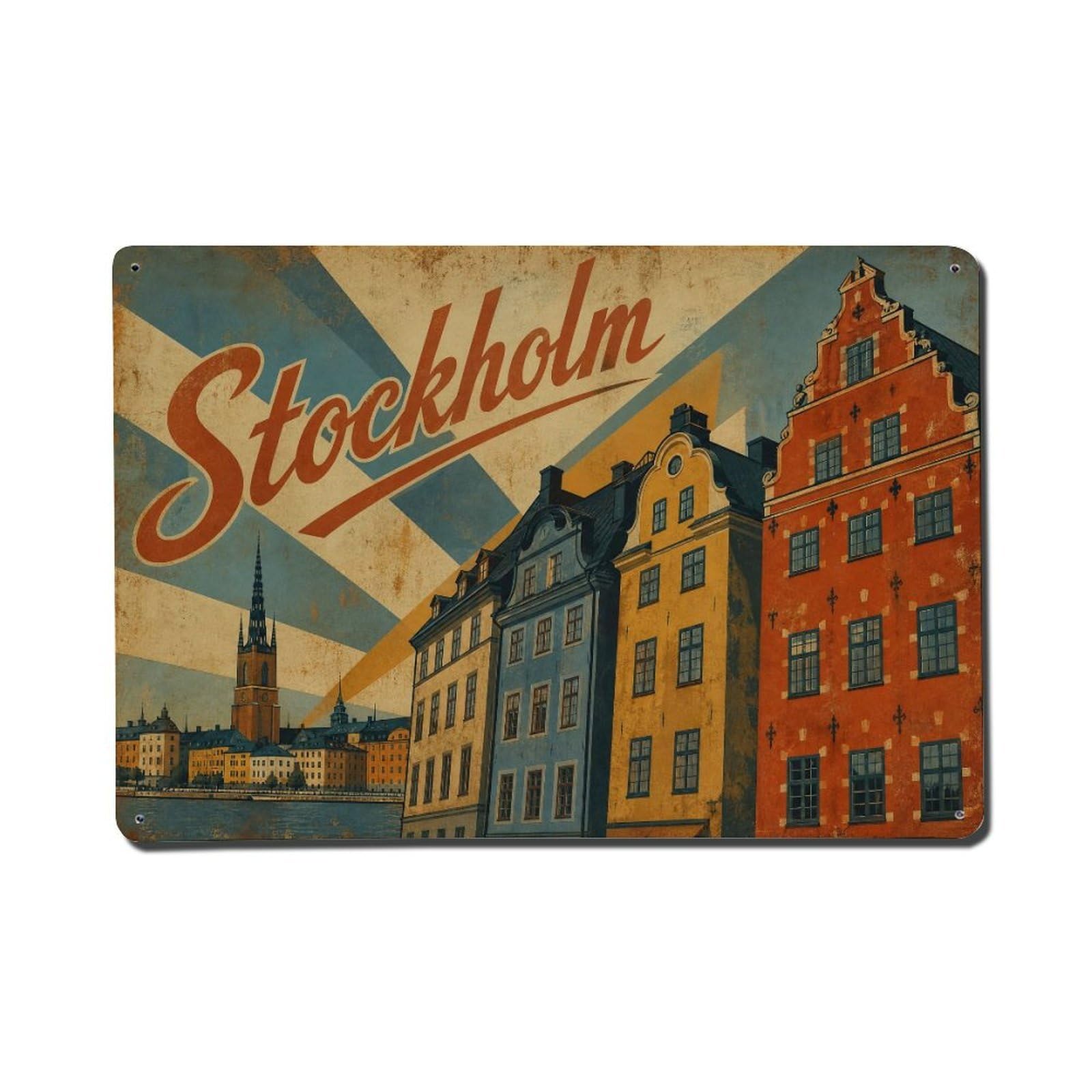 Huiyhb 8X12inch(20X30cm) Vintage Travel Stockholm Painted Facades Sweden Metal Tin Sign