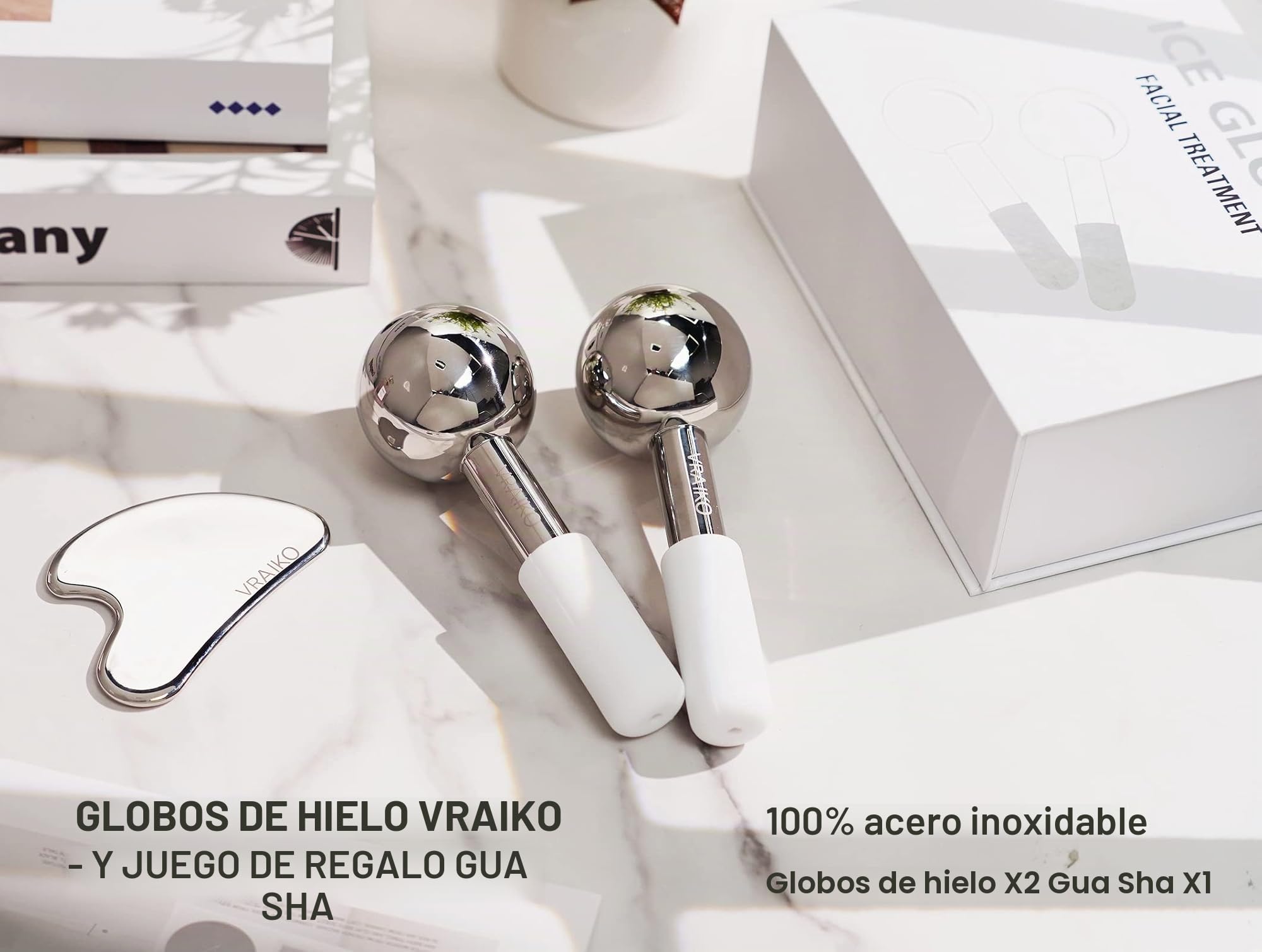 VRAIKO ICES Globes Gua Sha Set, herramientas faciales Gua Sha, acero irrompible, masajeador facial, rodillos refrescantes para ojeras, hinchazón y drenaje linfático (Blanco)