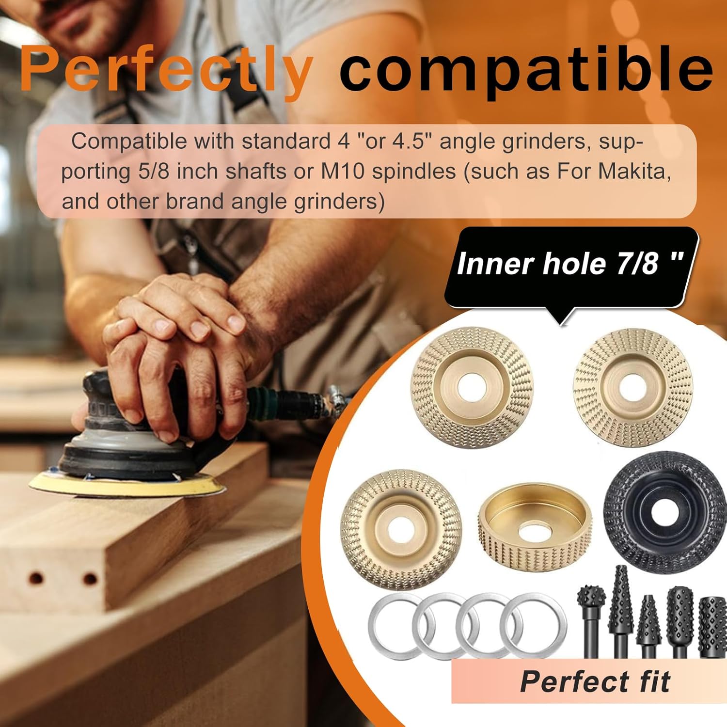 14 Pcs Angle Grinder Wood Carving Discs & Rotary Burr Set for 4" & 4.5" Grinders, with 5/8" Adapter Rings, Carbon Steel Grinding Shaping Wheel for Wood Cutting, Stump Removal