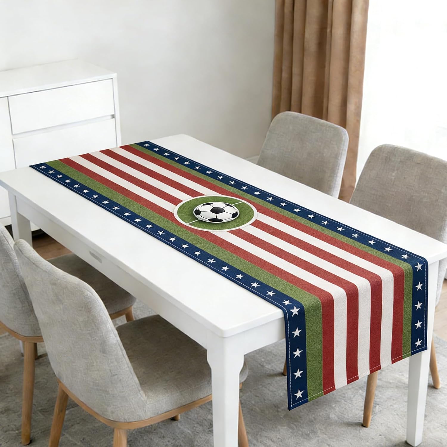Soccer Table Runner, World Cup Soccer Party Decorations, Table Runner for Dining & Kitchen Tables, Home Decor with Soccer Stripe Star Pattern (70.87"×11.81")