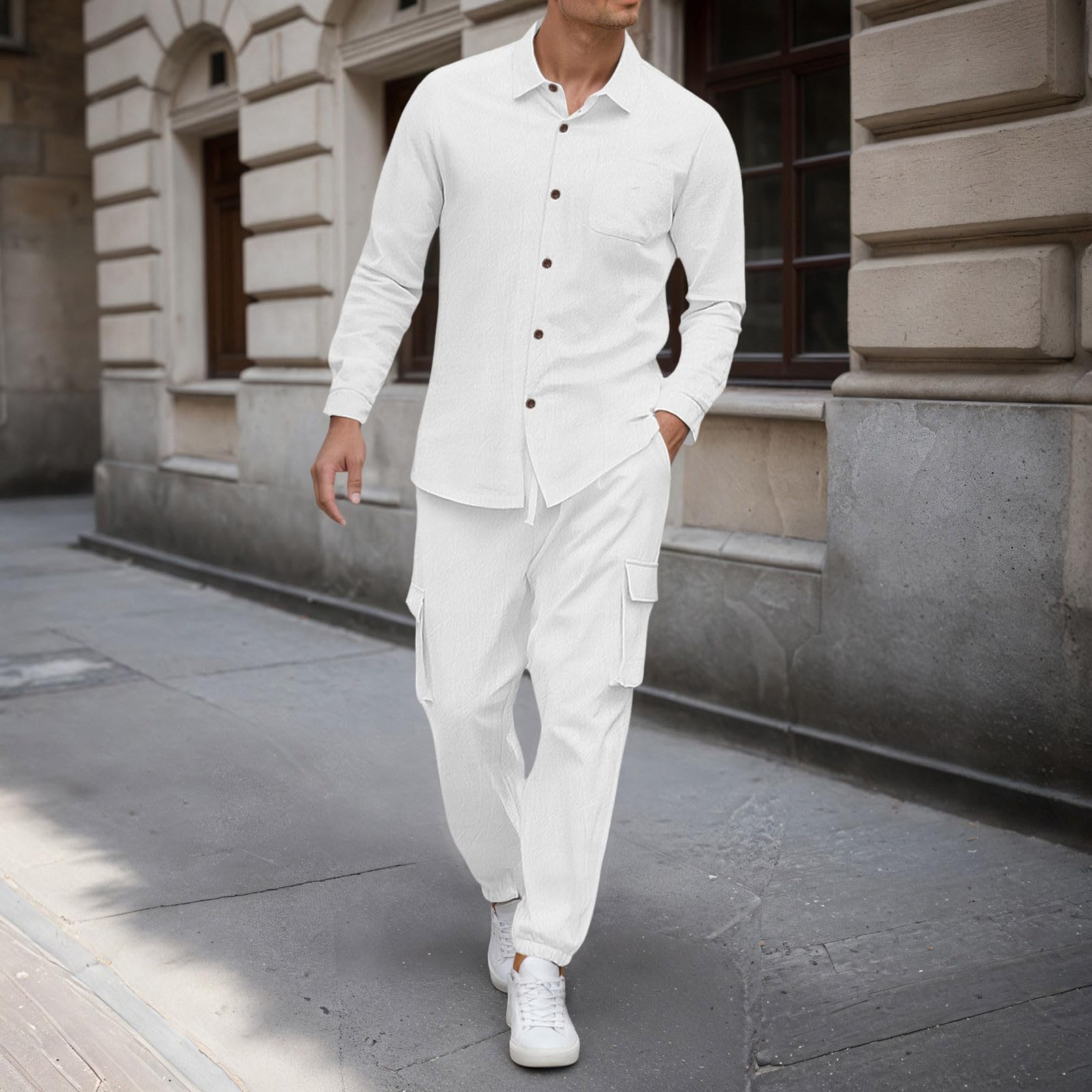 Herren Leinenanzug-Set, lässiges Langarmhemd mit Arbeitshose, bequemes atmungsaktives Outfit, ideal für Alltag, Partys und Urlaub_1
