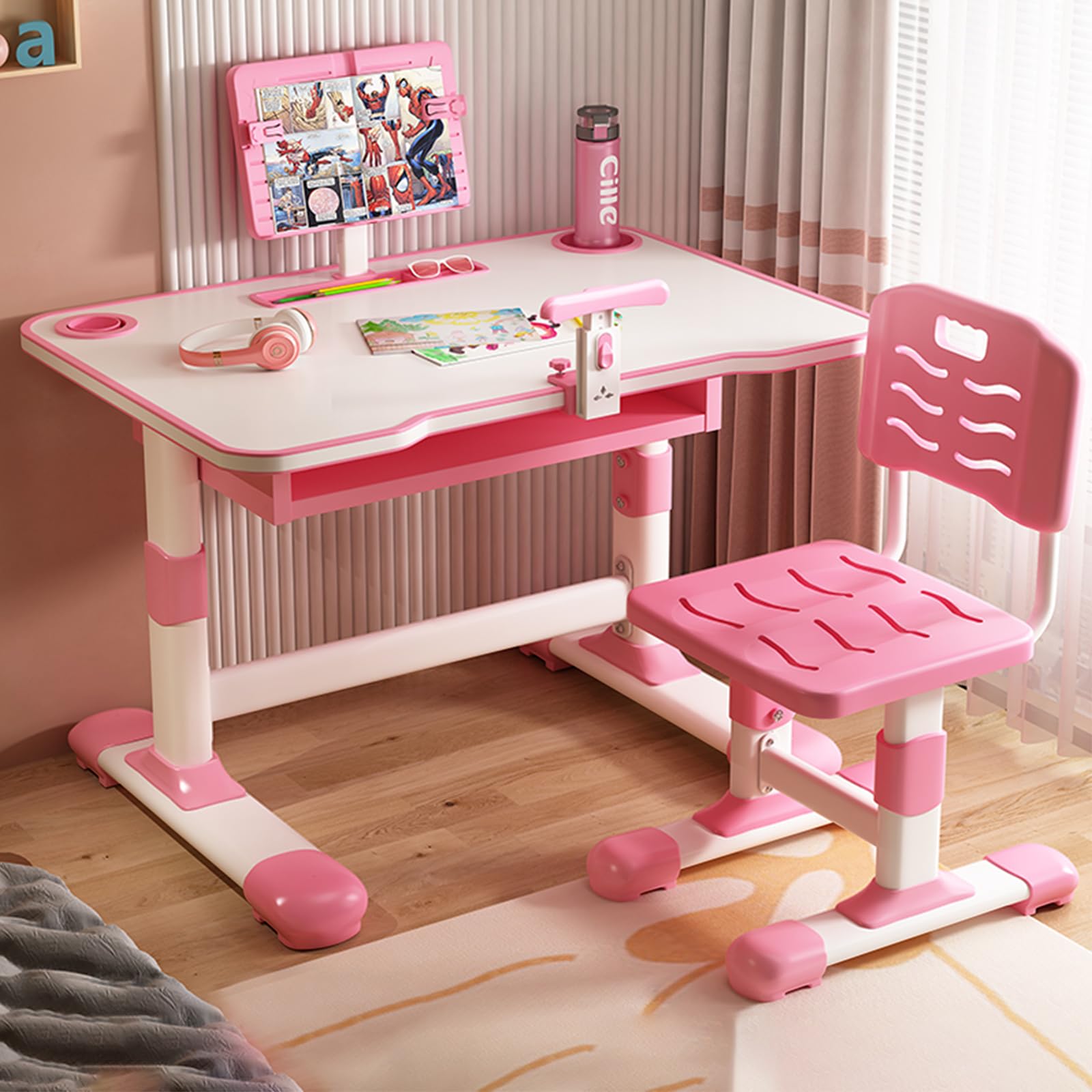 Vinteky Kinderschreibtisch Stuhl Höhenverstellbar, Kindertisch Stuhl Set mit neigbarer Tischplatte Schreibtisch Kinder Mädchen & Jungs, Höhenverstellbarer Schreibtisch mit Schubladen (Rosa)