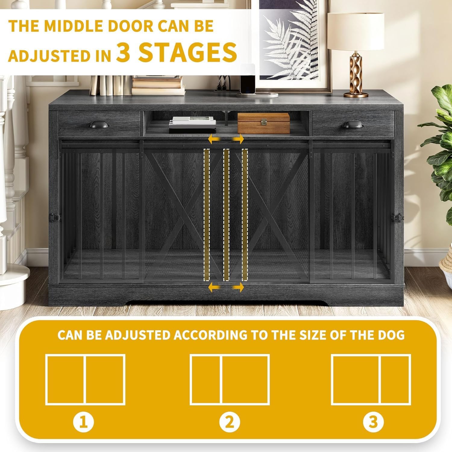 DWVO 63 Inch Double Dog Crate Furniture for 2 Dogs, Heavy Duty Wooden Dog Crate TV Stand with Charging Station, Dog Kennel Indoor Furniture Double Sliding Barn Door Design Ideal for 2 Dogs, Oak