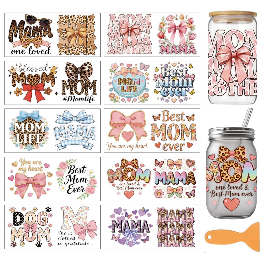 arricraft 10 Sheets Mother's Day Theme UV DTF Cup Wrap for 16OZ Glass, Mama Bow Rub on Decals PVC Transfer Stickers for DIY Cups Window Home Printing Decoration 24x11cm