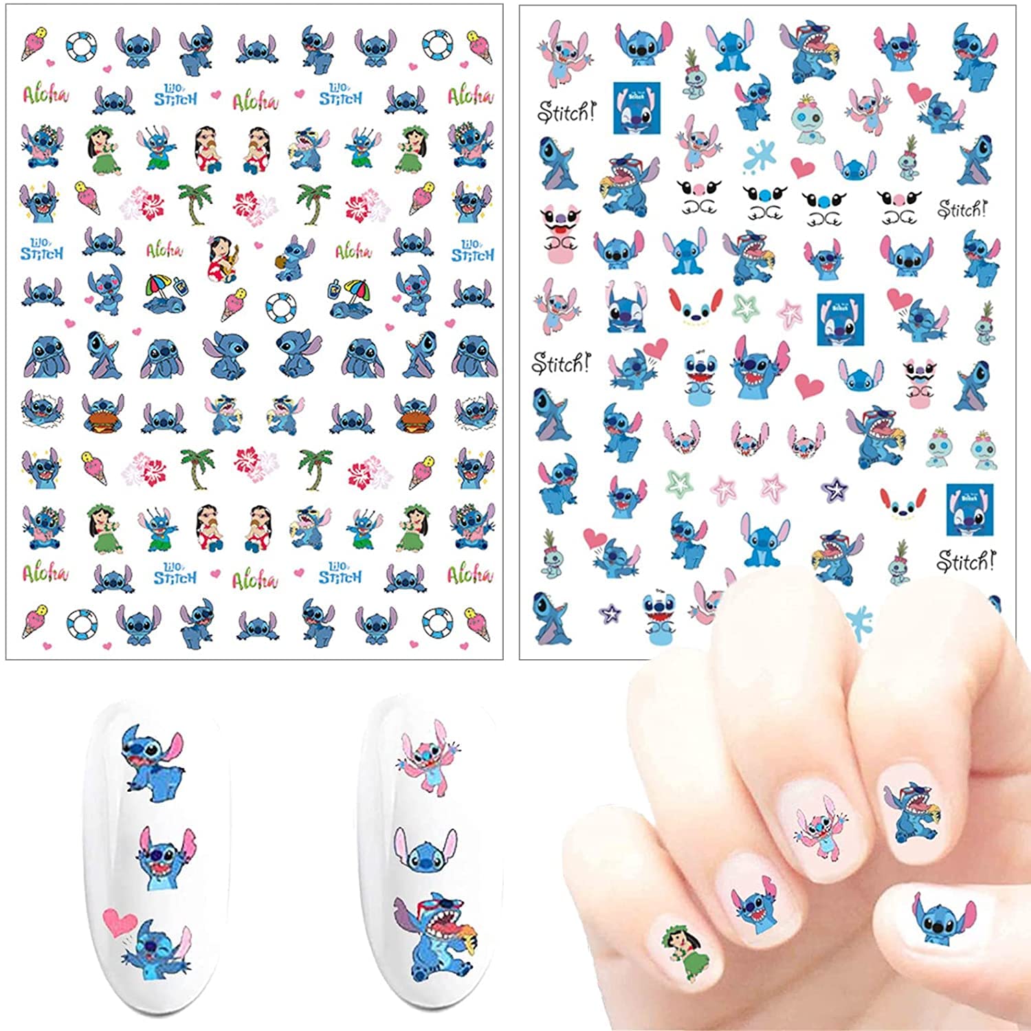 Cute Nail Art Sticker, Cute Cartoon Nail Art Decals, 3D Self-Adhesive Nail Stickers, Kawaii Designer Anime Nail Stickers for Women, Manicure Tips, Decoration (2 Sheets)