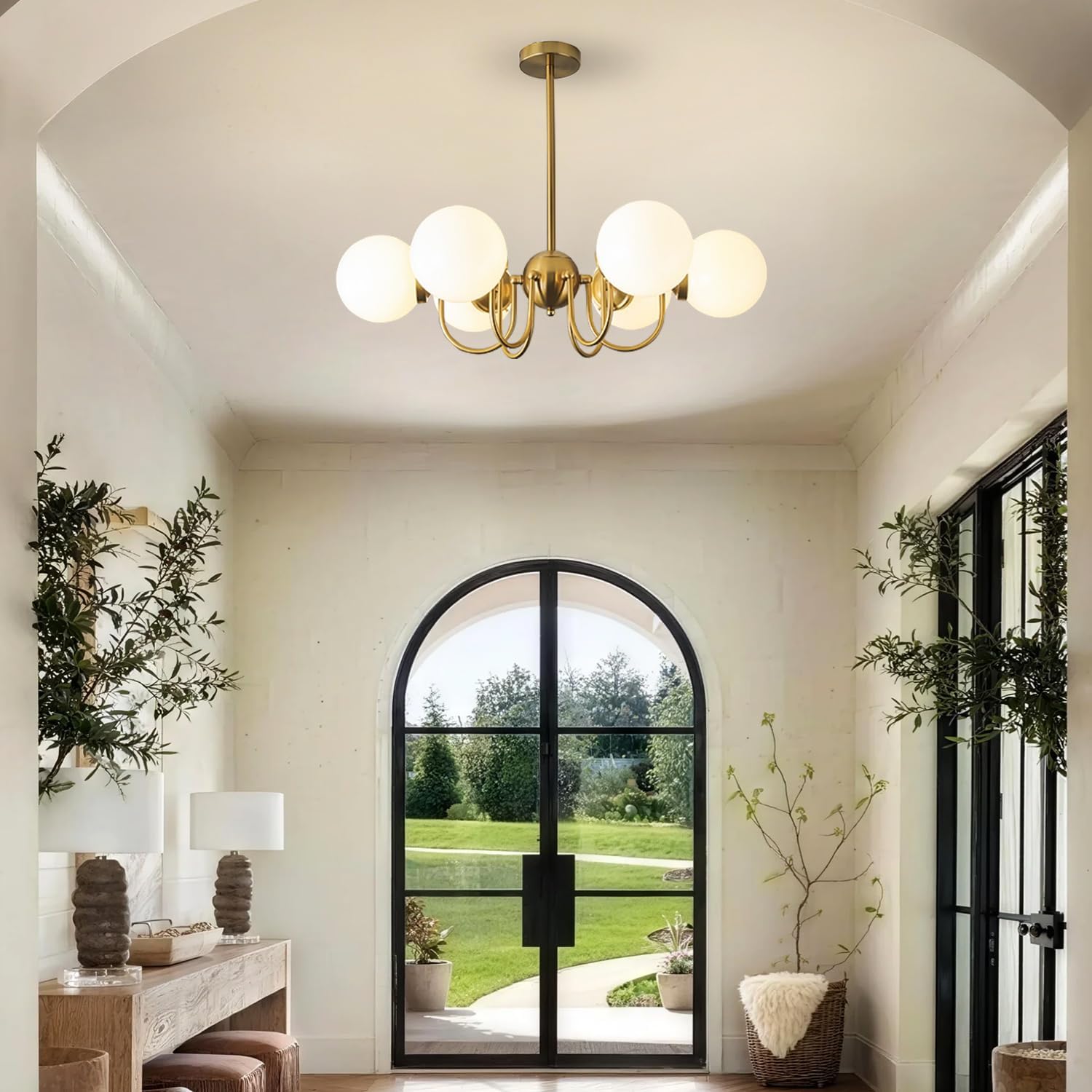 Gold Vintage Sputnik Chandelier Modern 6-Light Globe Glass Farmhouse Ceiling Light Fixture Mid Century Over Table Lighting for Dining Room Living Room Bedroom