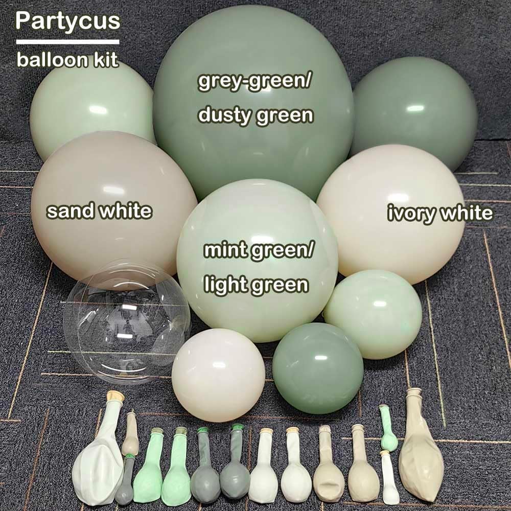 Dusty Green White Balloon Arch Kit Double Stuffed, Sage Mint Green Sand Ivory Boho Balloon Garland with Clear Bobo Latex for Neutral Baby Shower Bridal Wedding Birthday Woodland Party Decoration