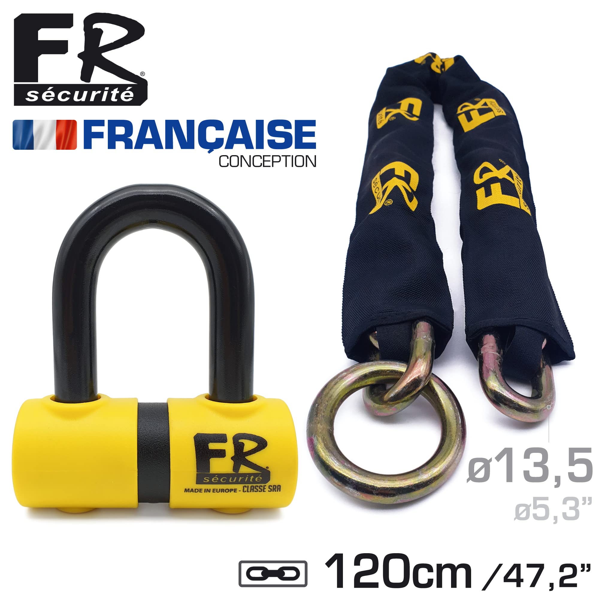 FR SECURITE FR50120L Catena ad Alta Sicurezza con Mini U Bloccadisco Moto Lucchetto Antifurto Scooter Blocco Disco Omologato Sra da 120 cm ø13.5, Passante
