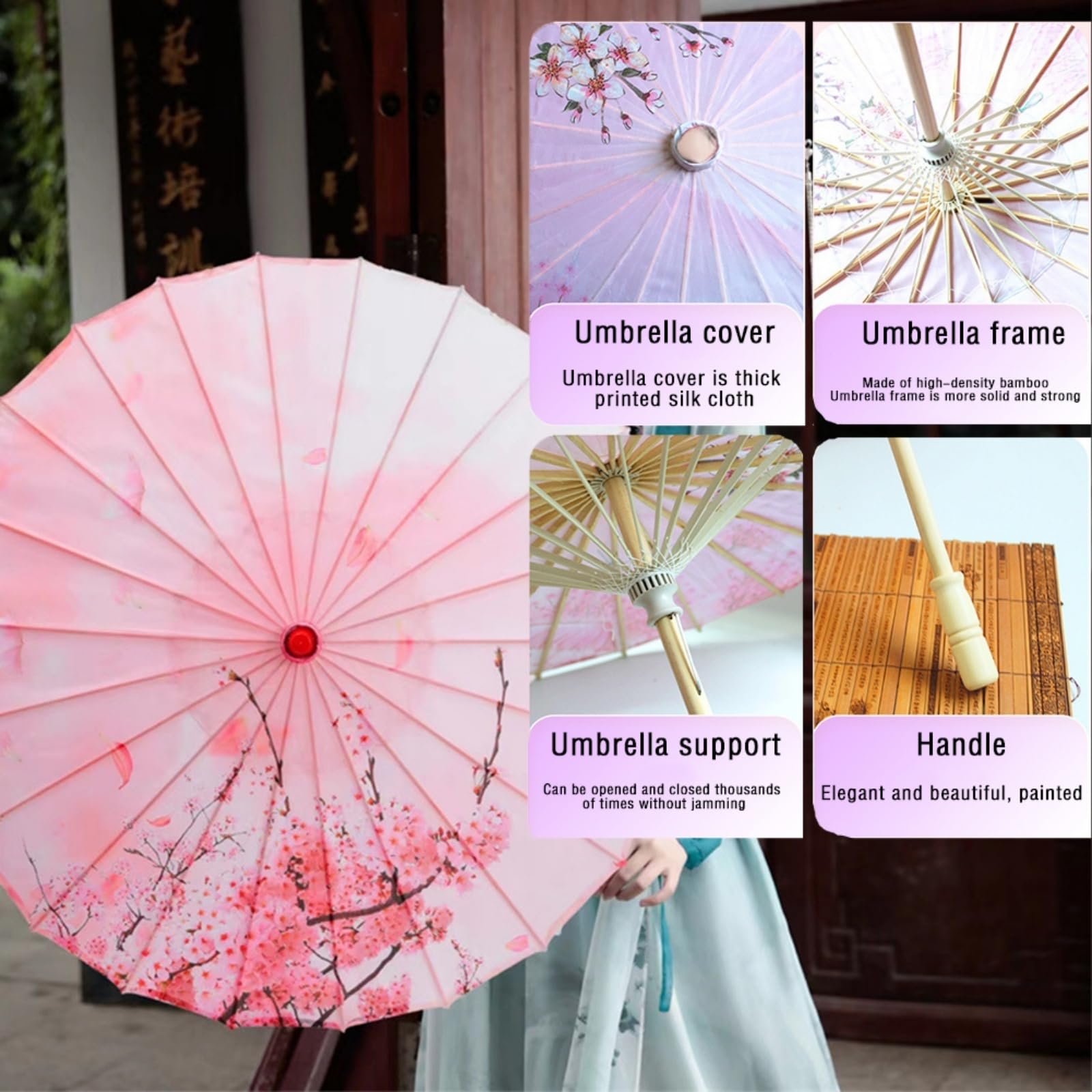 FANSU Chinesischer Regenschirm mit Holzgriff Handgemachte Regenschirm aus Geöltem Papier Japanischer Sonnenschirm aus Reispapier mit Holzgriff Stockschirm, Chinesischer