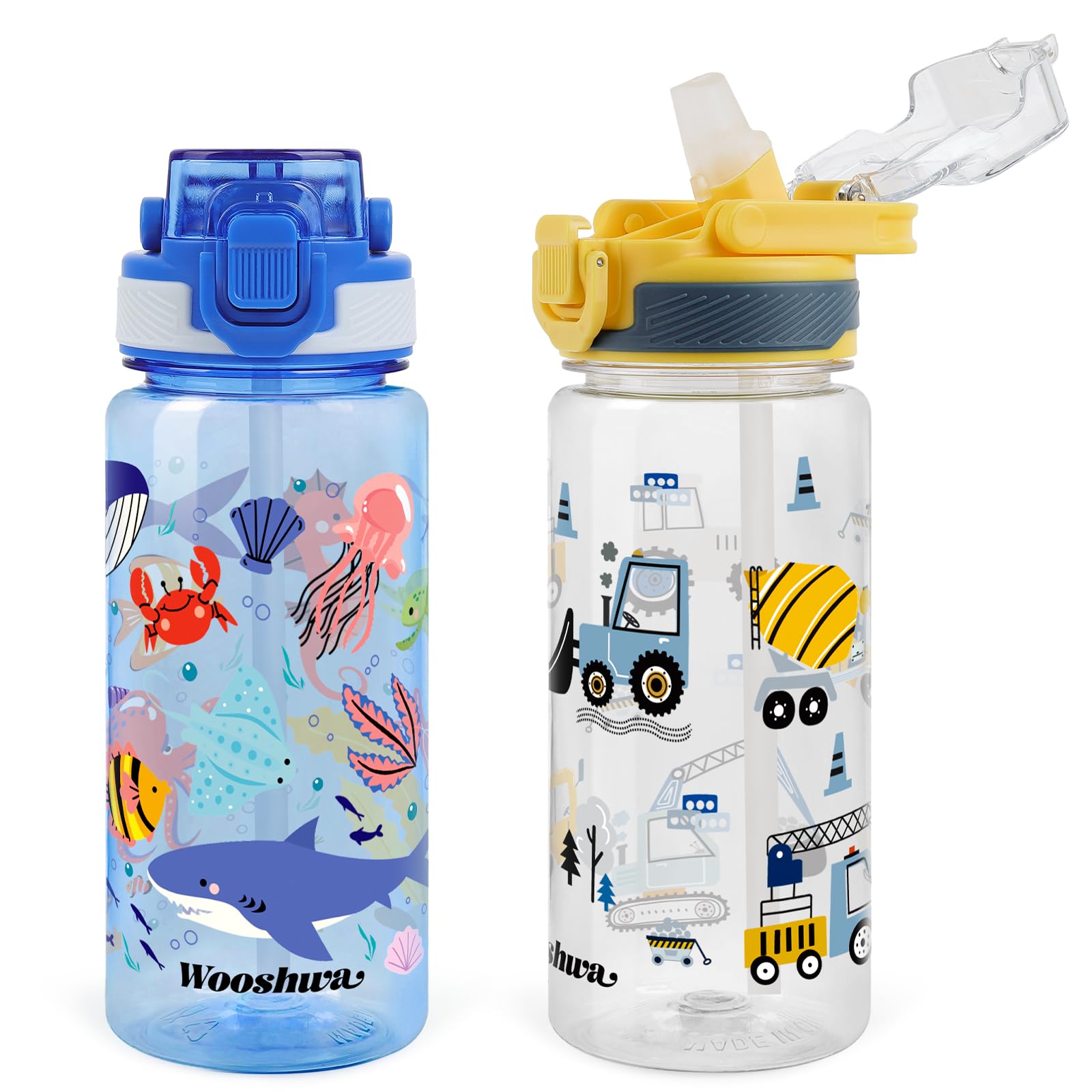 wooshwa Kids Water Bottle with Straw for School, 2 Packs 600ml/20 Oz Plastic Water Bottle with Silicone Spout and Pop-Up Cover, Leakproof & Dishwasher Safe (Excavator/Marine Animals)