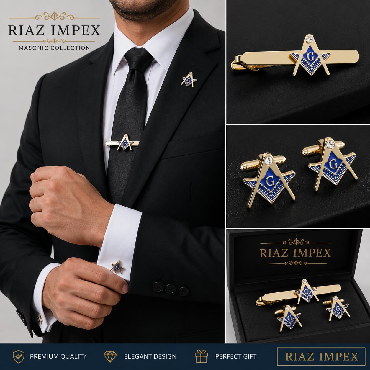 Masonic Tie Clip and Cufflink Set for Men – Gold Tone Square & Compass with Blue Enamel, 4-Piece Freemason Suit Accessories Gift Set for Business, Formal Wear & Lodge Meetings