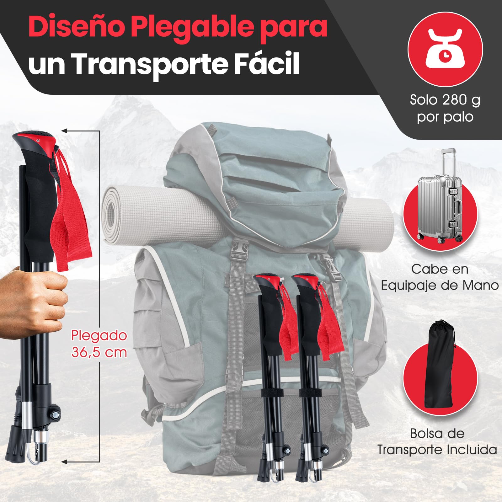 COSTWAY Bastones de Senderismo Plegables, Bastones Trekking de Aleación de Aluminio, Marcha Nordica, Ajustable 115-130CM, Mango de EVA, Correa Ajustable, Accesorios Todoterreno