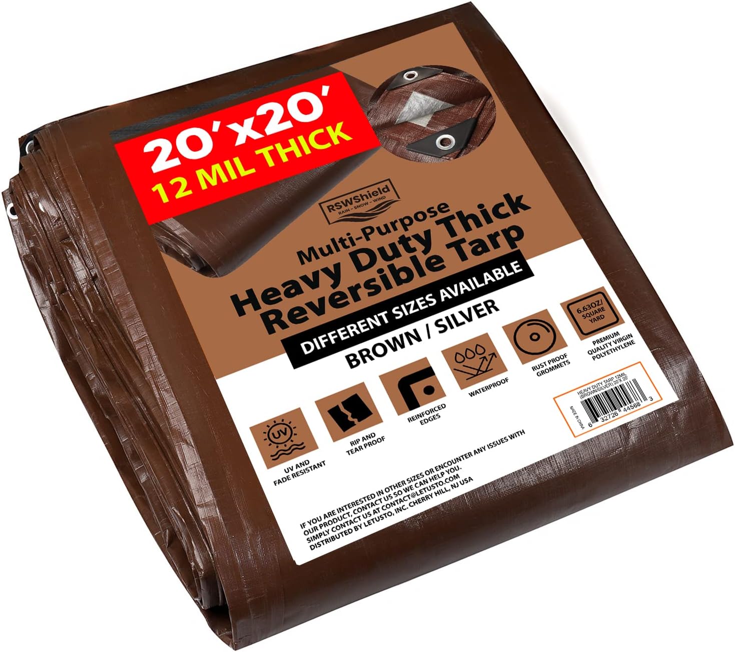 [20'X20'] RSW Heavy Duty Waterproof 12 Mil Safety Reversible Tarp Cover, UV Resistant, Rip and Tear Proof Tarpaulin with Reinforced Edges - for Roof, Camping, Patio, Pool Cover, Boat (Brown/Silver)