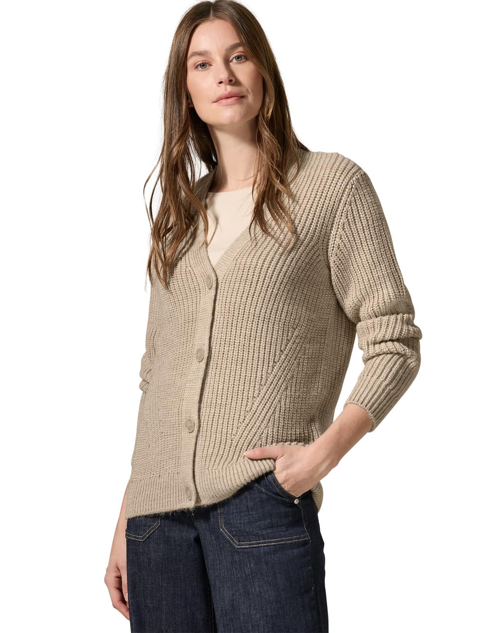 CECIL Strickjacke Cardigan – Hazelnut Melange, XXL, unifarben, V-Ausschnitt, Knopfverschluss