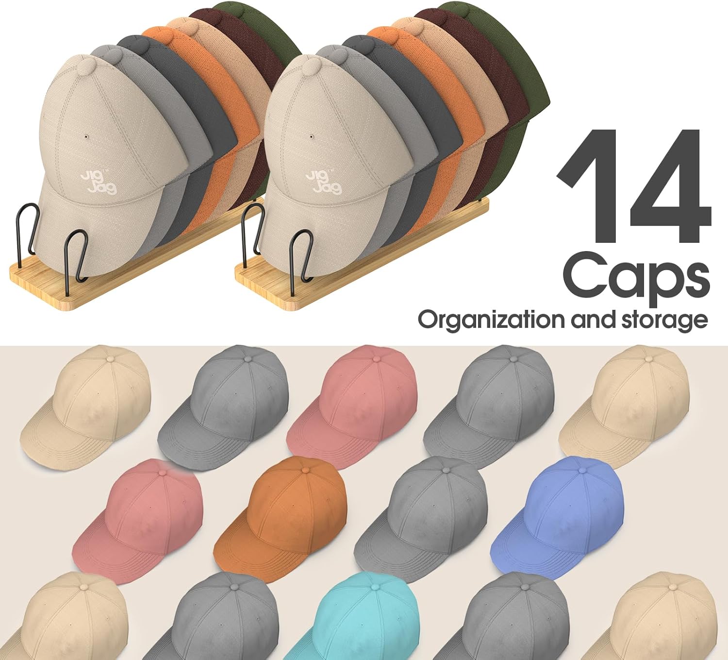 Hat Organizer for Baseball Caps 2 Pack, Premium Wood and Metal Design Hat Storage for 14 Baseball Caps, Tabletop Hat Racks for Closet, Dresser, Entrance (2PCS) - Image 3