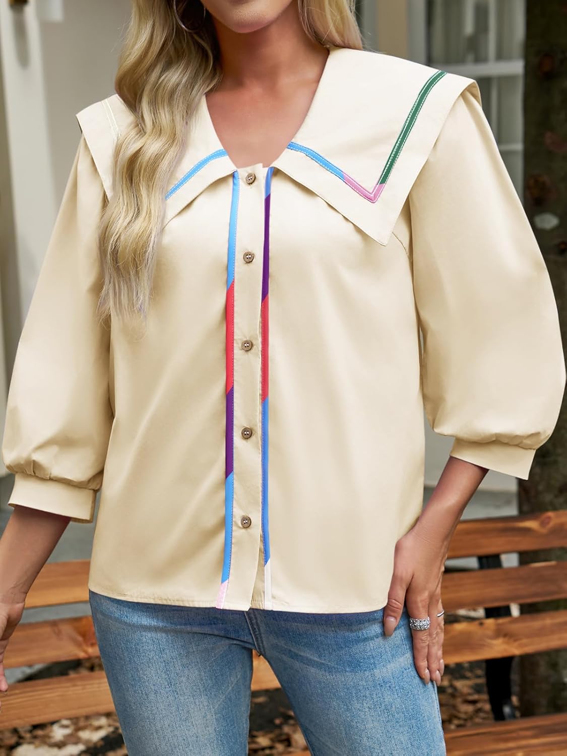 Cicy Bell Womens Button Down Shirts Trendy Casual 3/4 Lantern Sleeve Blouse Square Neck Collared Tops - Image 3