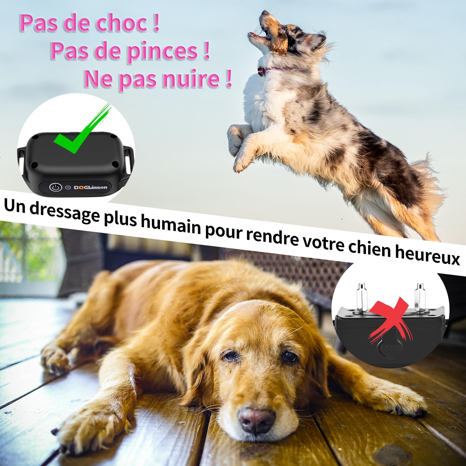Collier de Dressage pour Chiens, Collier Vibrant pour Chien sans Choc, Portée 1000m, Étanche IP67, Batterie Longue Durée avec Adapté pour Chien Petit, Moyen et Grand