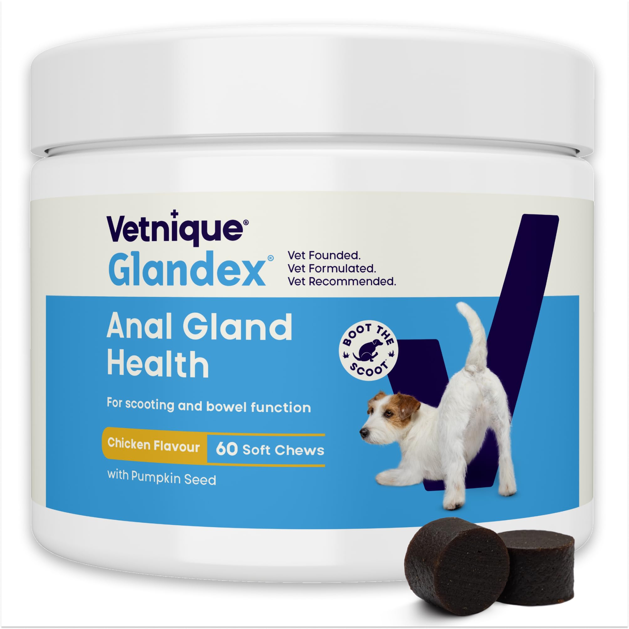Glandex For Dogs UK - 60 Soft Chews - Vet-Formulated Anal Gland Support for Digestive Health - With Probiotics for Dogs, Omega-3s, Pumpkin & Fibre - Dog Probiotics for Gut Health - Boot The Scoot