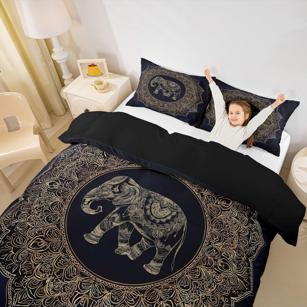 Feelyou Queen Duvet Cover Set Bohemian Cute Elephant Mandala Bedding Set Black Golden Boho Comforter Cover with Pillow Shams Kids Teens Adults Quilt Cover Set 3Pcs Floral Print
