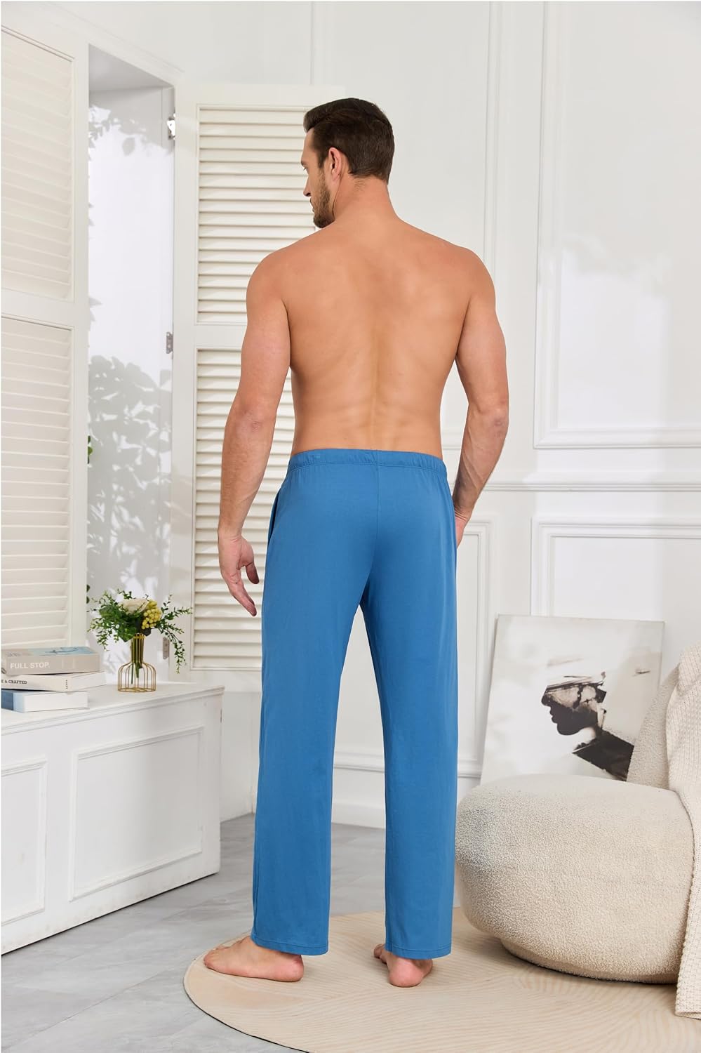 COLORFULLEAF 100% Cotton Mens Pajama Pants Lightweight Sleep Lounge Bottoms Elastic Waistband Button Fly With Pockets