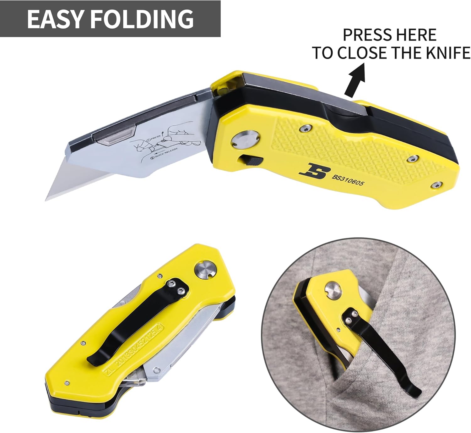 Folding Utility Knife，Box Cutter Retractable Foldable Heavy Duty Quick Change with 5-Piece Extra Blades