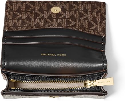 Michael Kors Hamilton Small Compact Wallet, Gold-Tone Hardware/MK Signature Coated Twill/Brown/Black