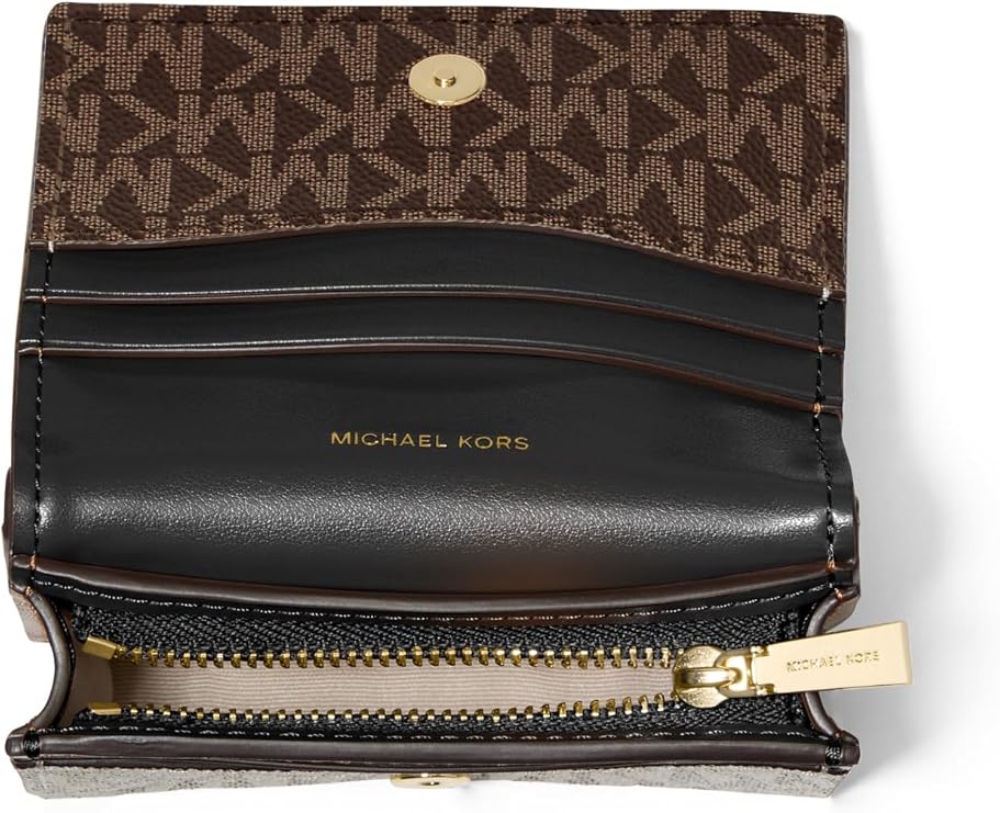Michael Kors Hamilton Small Compact Wallet, Gold-Tone Hardware/MK Signature Coated Twill/Brown/Black
