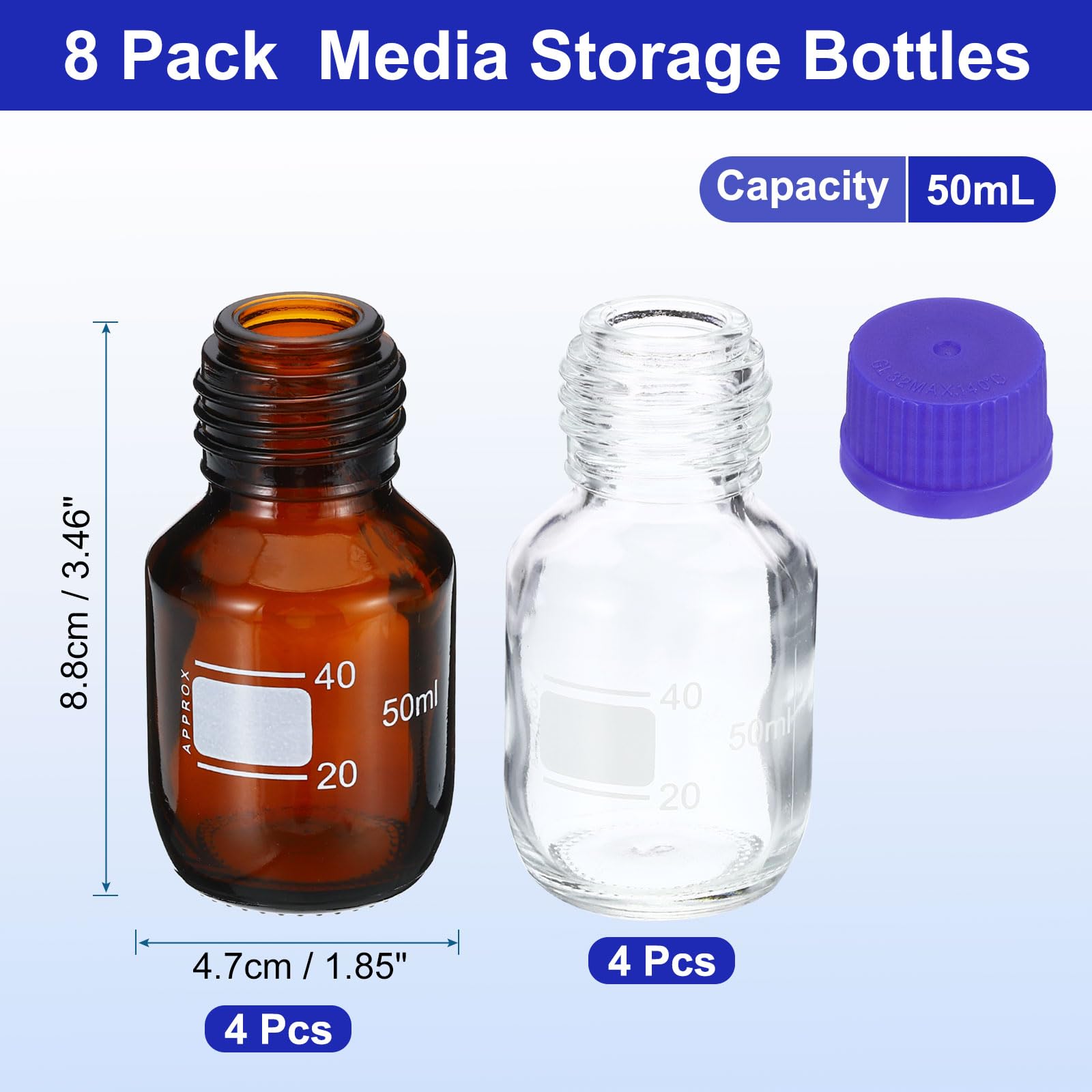 PATIKIL 8 Stück Weithalsflasche aus Glas, 50ml Leere Laborflasche Auslaufsicher mit GL45 hellblauer Schraubverschluss, für Labor Reagenz Medien Flaschen - 4*Klar/4*Braun