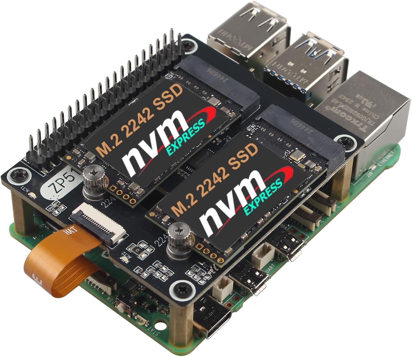 ZDE ZP518 PCIe to Dual M.2 HAT Key M NVMe SSD PCIe Peripheral Board Solid State Drive Adapter Board for Raspberry Pi 5 Support M.2 NVMe SSD 2230 2242