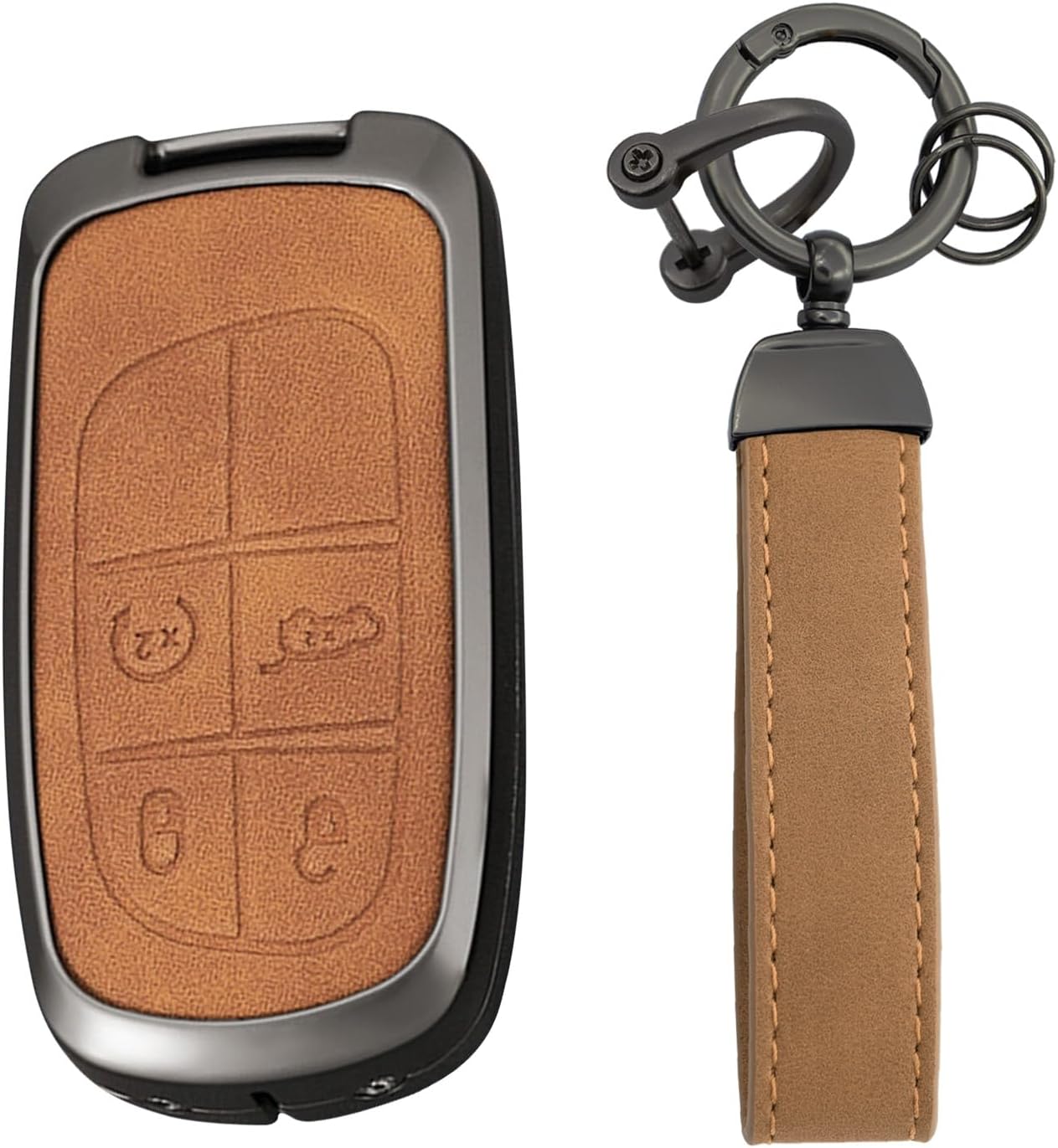 KUNIO for Jeep Leather Car Key Fob Cover Case fit for Jeep Compass 2025 Dodge Durango Cherokee Grand Cherokee Renegade Charger RAM Chrysler 300 Key Chain Key Shell Accessories 4 Button Brown