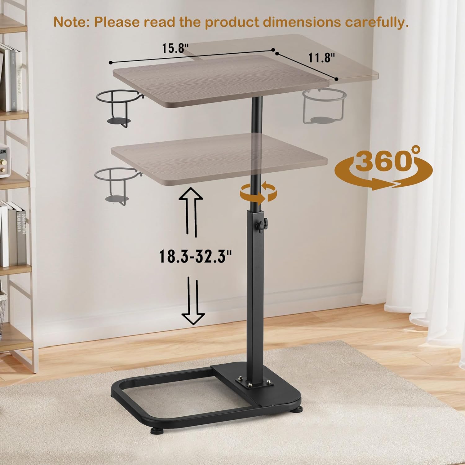 facka Adjustable Gray TV Tray Table with Rounded Metal Corners, C-Shaped Snack Table for Couch, Sofa, Bed or Chair, Small Space Side Table for Eating, Dinner, or Laptop Use