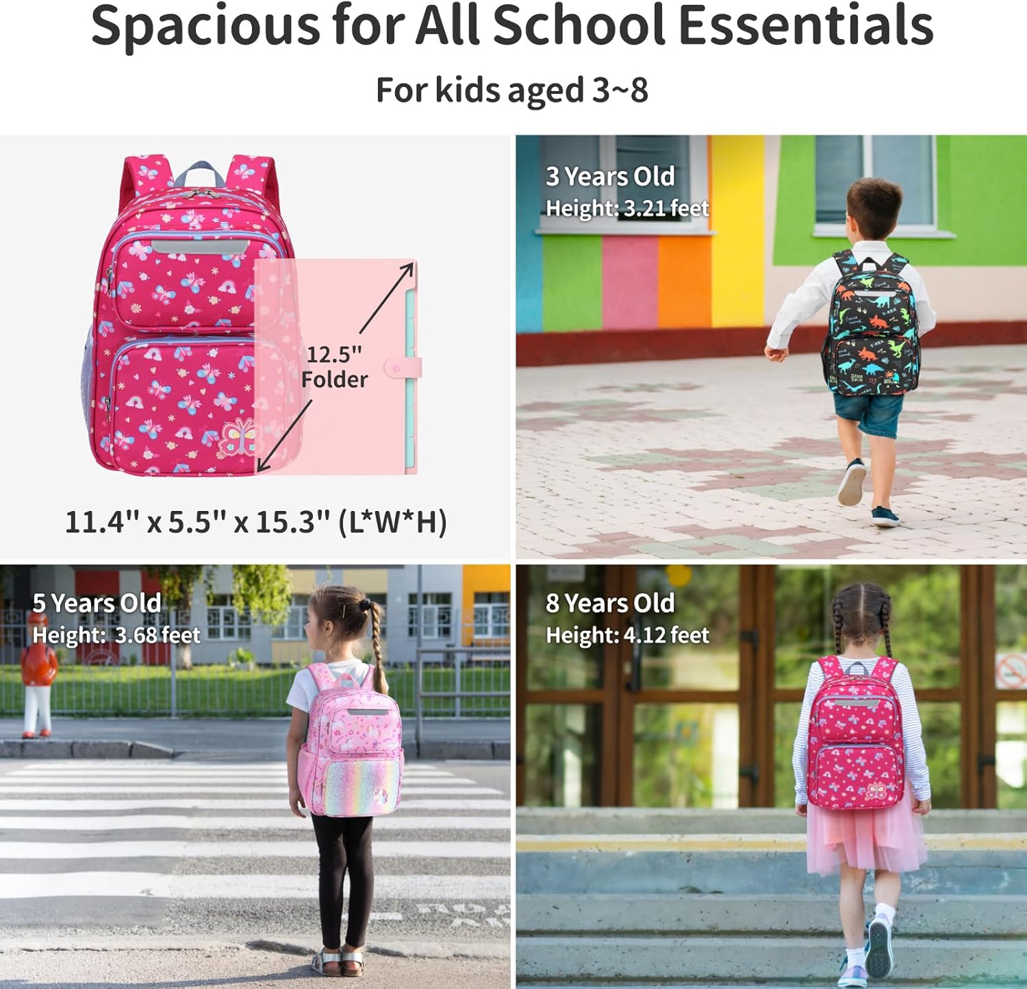 Kids Backpack for Girls - 15 Inch Backpack for Kids 4 to 7, Lightweight School Bookbag for Preschool Kindergarten 1st Grade, Insulated Pocket, Safe Reflective Stripe, Rose Pink Butterfly