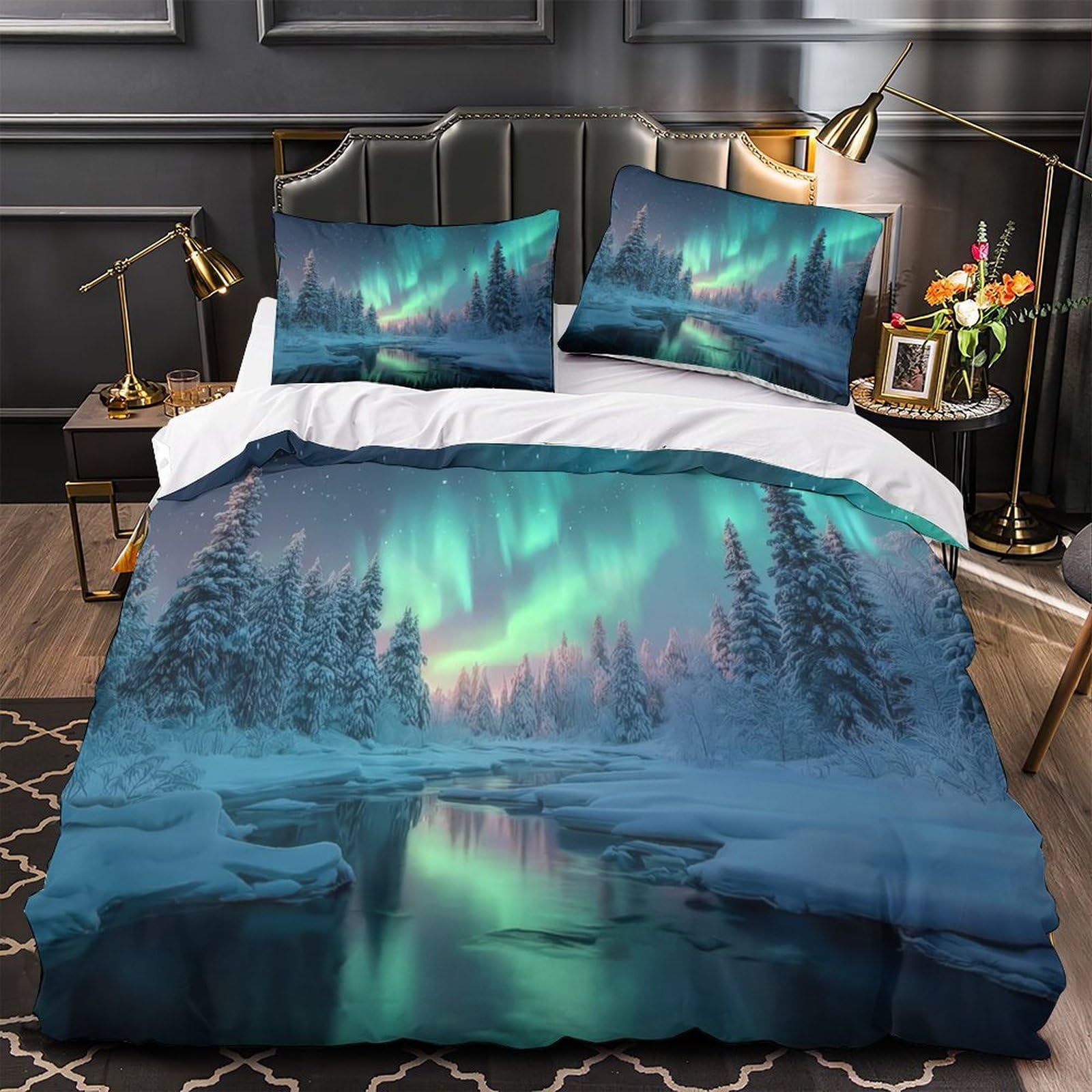 Housse de couette aurores boréales pour chambre d'ado motif paysage d'hiver 3D
