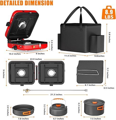 Miniatura 3 de Hisencn Estufa de campamento, estufa de propano de 2 quemadores, 20000 BTUh, juego de cocina de camping incluye sartén, hervidor de agua y olla,