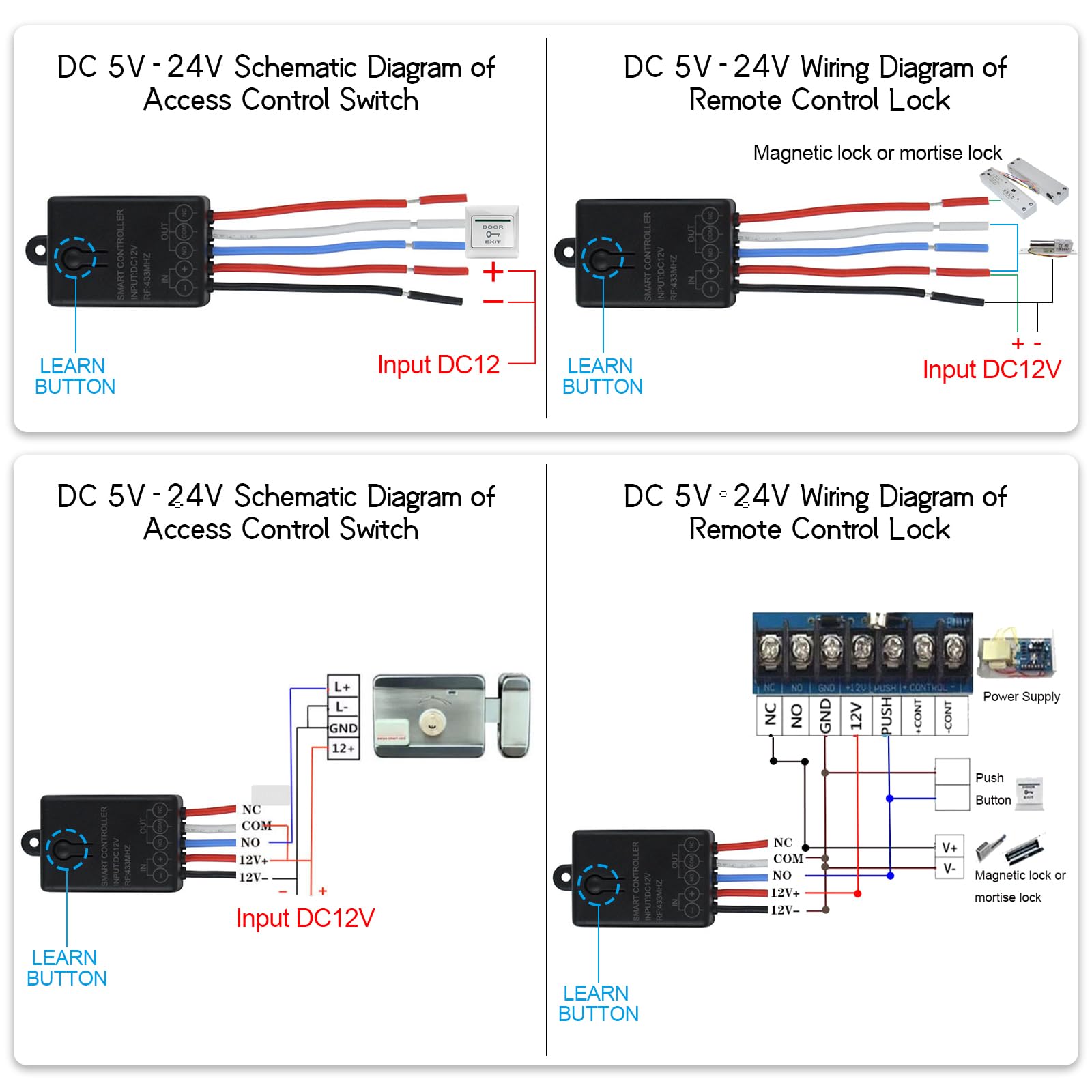 Interrupteur Sans Fil 12V, 4 Relais Radiocommandé avec 2 Télécommande, DC 5V/12V/24V 10A Commutateur a Distance Sans Fil, Longue Portée de 100m, pour Porte de Garage, Lampe, Moteur, Alarme Volée