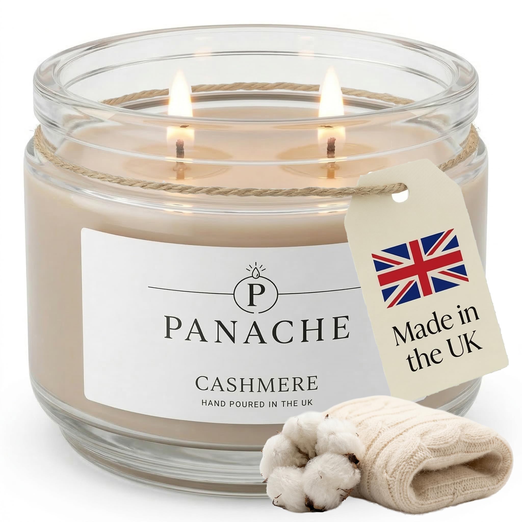 Zan Village Homeware Cashmere Panache Scented Candle – Double Wick Soy Wax Candle, 48 Hour Burn Time, Hand Poured In Uk, Clean Burning Cotton Wicks, Luxury Glass Jar Candle For Home Fragrance & Gifts (320G)