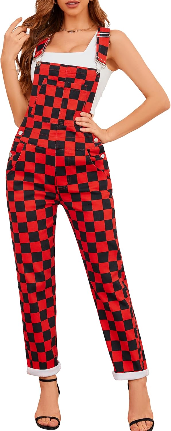 Checkered denim overalls for women