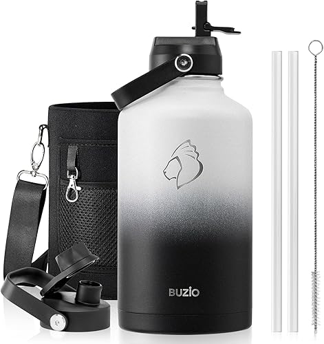 BUZIO Botella de agua aislada con tapa de pajilla y tapa flexible, 22 oz, 32 oz, 40 oz, 64 oz, 87 oz moderna, acero inoxidable de doble vacío, fría