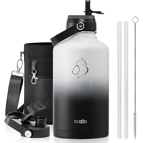 BUZIO 64oz Insulated Water Bottle with Straw Lid and Flex Cap, Stainless Steel Powder-Coat Water Flask, Keep Beverage Cold for 48 Hrs Hot for 24 Hrs Simple Thermo Canteen Mug, White and Black
