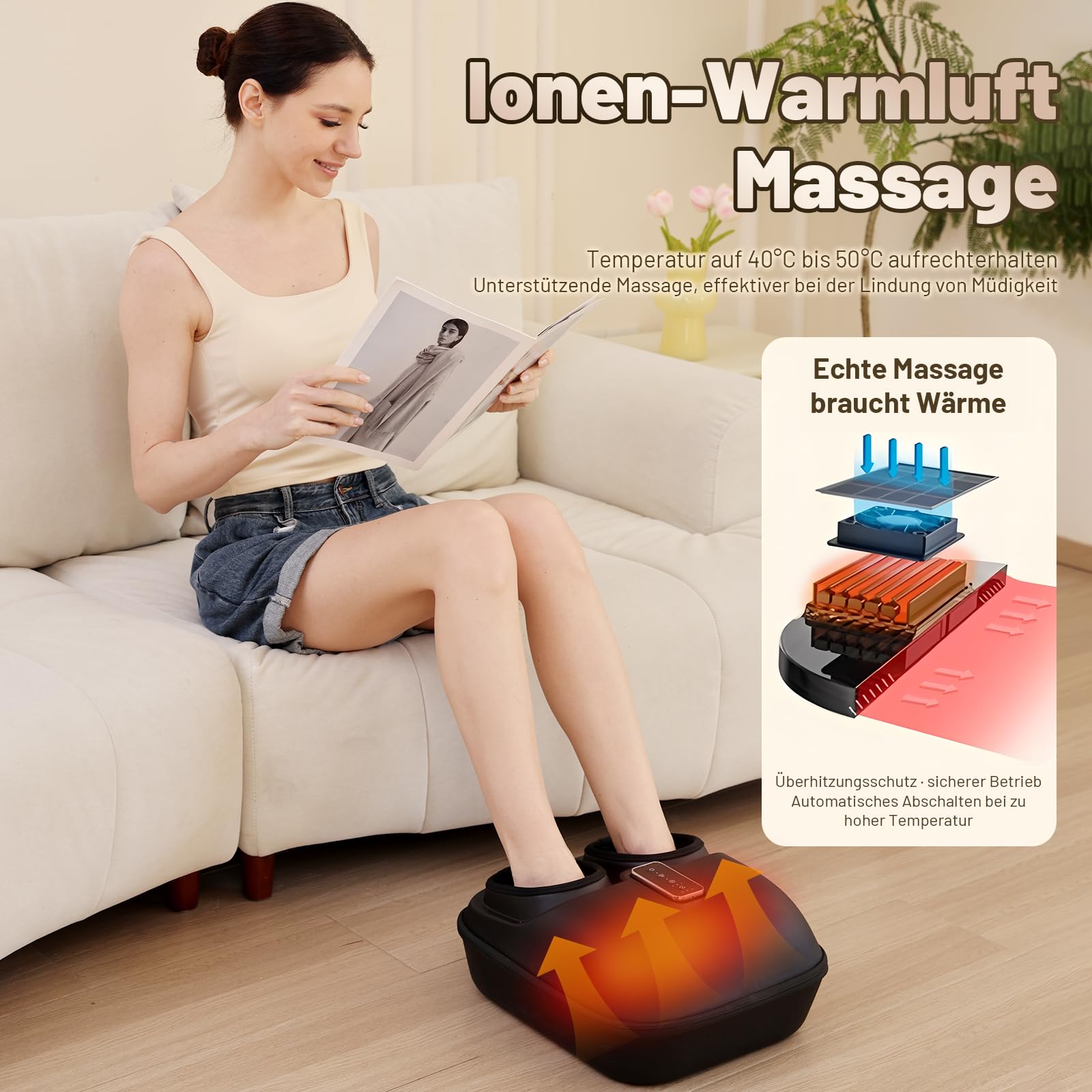 BeSokar Shiatsu Fußmassagegerät mit Fernbedienung, 6D-Knetfunktion, Rollen und Luftkompression, 3 Intensitätsstufen für müde Muskeln und Fußsohlen​​, Wärmetherapie