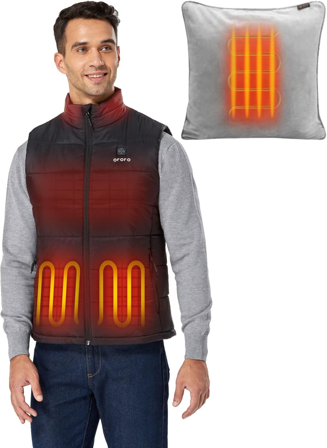 ORORO Men's Heated Vest (Black, XL) and Throw Pillow Cover (Grey)