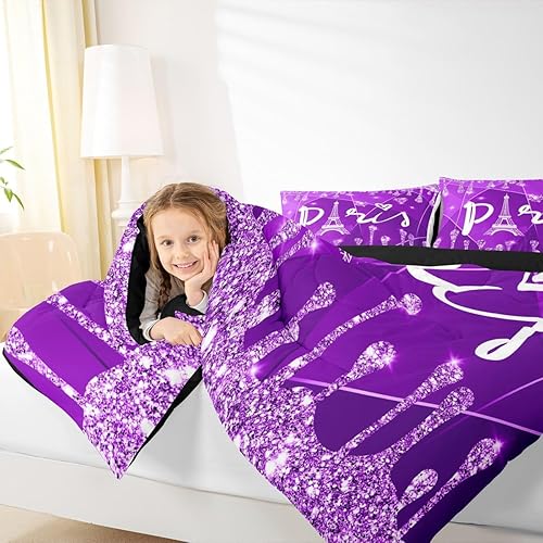 Miniatura 7 de Feelyou Edredón París con Brillos (Sin Brillos Sin Lentejuelas) Juego de Edredón Torre Eiffel Diamante para Niños Niñas Infantil Plateado Morado