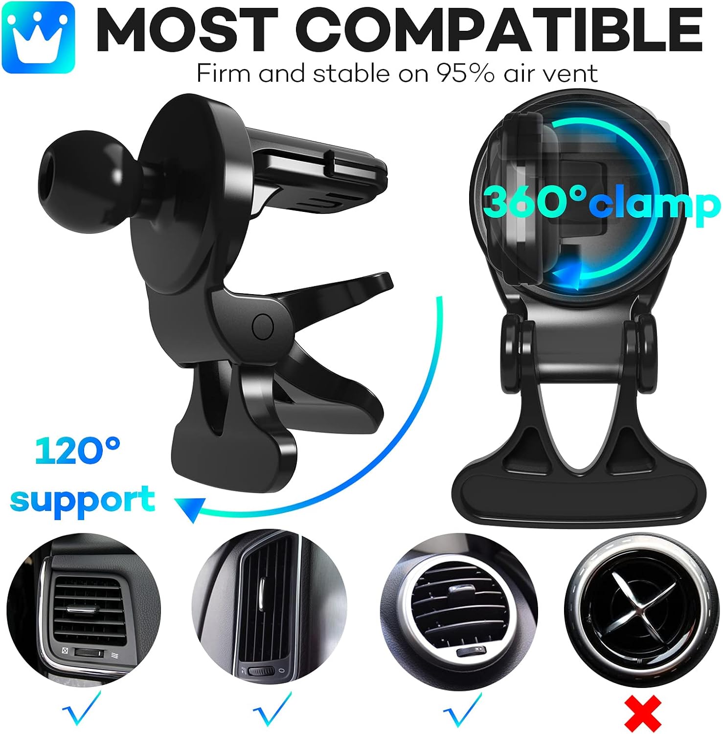 Quarble Ultimate Stable Air Vent Car Mount Holder Compatible with Magsafe Case iPhone 14 13 12/Pro/Pro Max/Mini (Wearing No Case or Magsafe Case) 360° Adjustable No Metal Plate Needed
