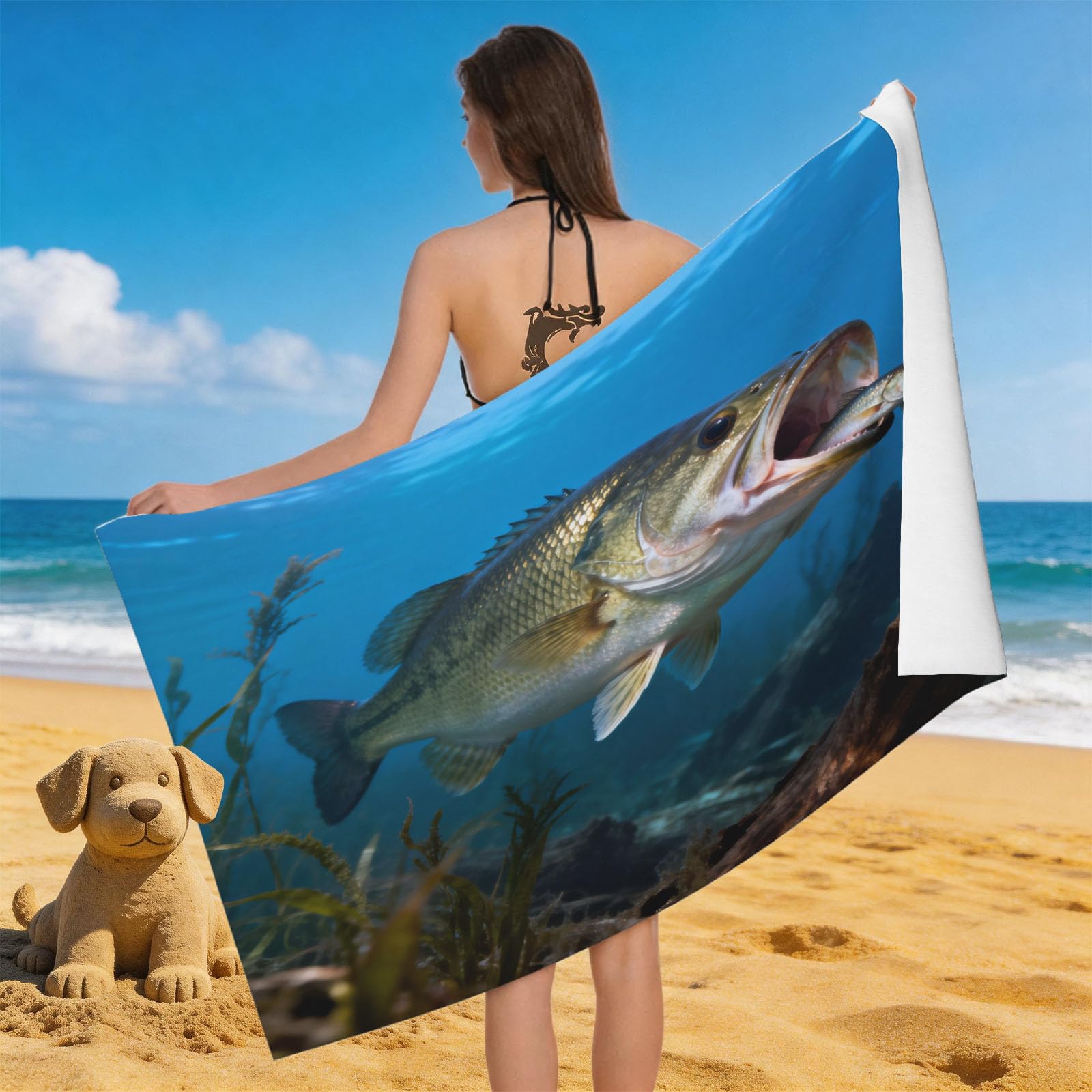 Leichong 3D Sea Bass Beach Towel Microfiber Soft Quick Dry for Adults, Ocean Sea Pattern Bath Towel Lightweight Soft Absorbent for Travel Swimming Pool Sports, 75 x 150 cm