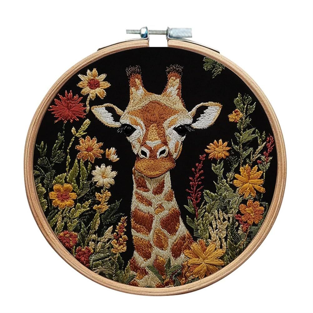 Meecaa Giraffe Animal Flower Embroidery Kit Starter Set, Hand Embroidery Set,Pattern Printed Cross Stitch Set for Beginner Adults, with Embroidery Hoop and Instructions (Animal)